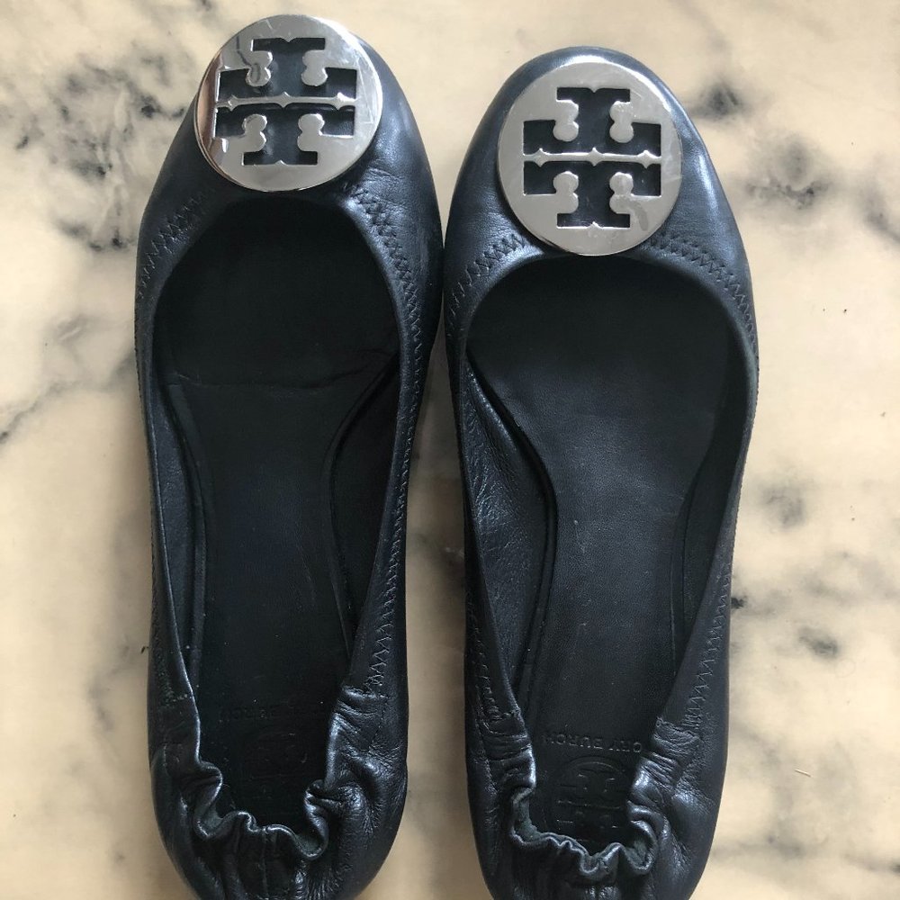 Tory Burch Reva Black Leather Silver Ballet flat